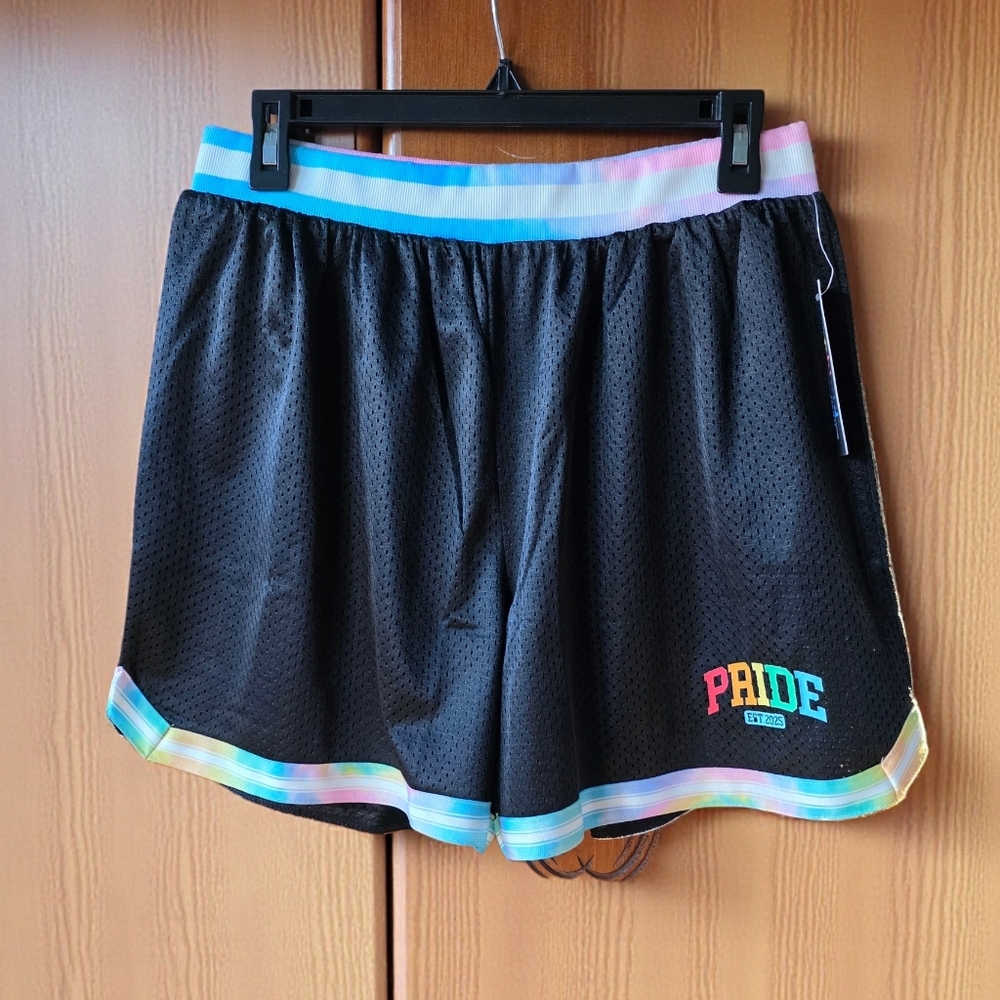 🆕️ PH Black Mesh Athletic Shorts With Rainbow Stripes and a "Pride" Logo